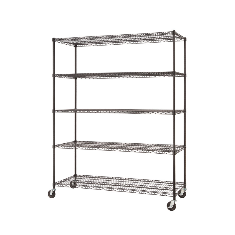 Trinity 60'' Black 5-Tier Adjustable Steel Wire Shelving Unit with Wheels