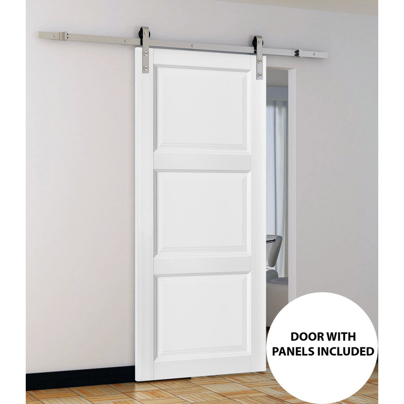 Porte coulissante de style grange avec quincaillerie Lucia 2661, supports de rail de 2 m (6,6 pi), ensemble robuste, porte intérieure à 3 panneaux en bois massif de style Shaker, 91,4 cm x 203,2 cm (36 po x 80 po), rail argenté