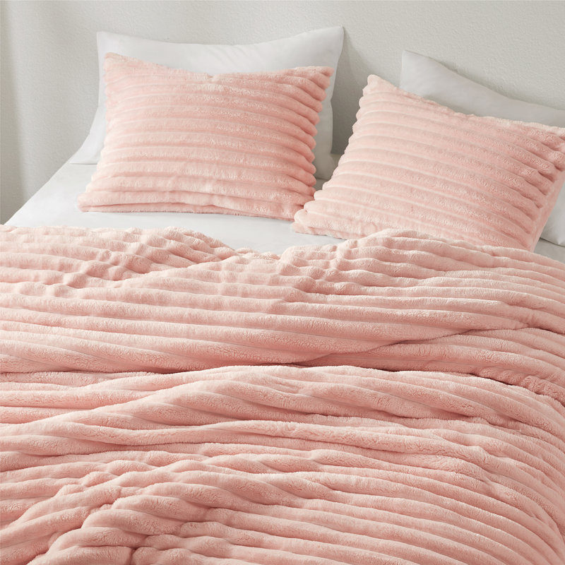 Avril Fluffy Ribbed Plush Comforter Set, Pink, King Comforter + 2 King Shams