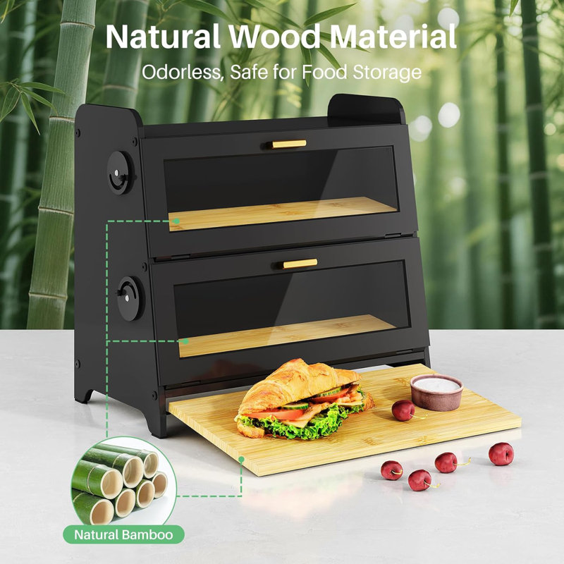Bread Box - Kitchen Countertop Bread Storage Container With Bamboo Cutting Board, Adjustable Vent Hole Dials, Black