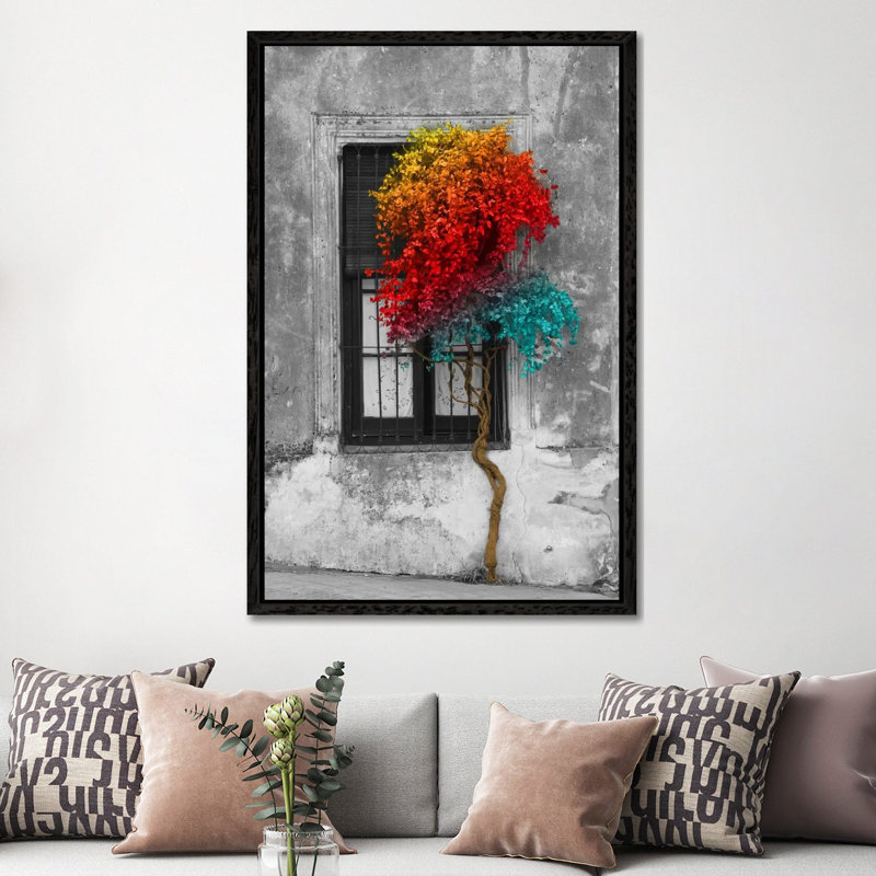 Tree In Front Of Window Rainbow Pop Colour Pop - Print on Canvas, Black Floater Framed, 66.04 cm H x 45.72 cm W