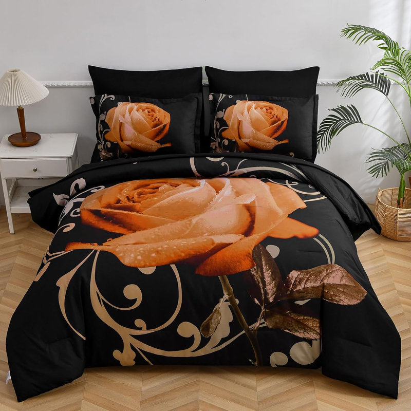 Ensemble de literie en microfibre 7 pièces avec draps et taies décoratives, Grand édredon et 6 pièces supplémentaires, Orange