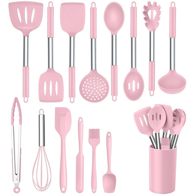 15 Pcs Silicone Cooking Utensil Set,stainless Steel Kitchen Utensils Set,non-stick Heat Resistant,pink