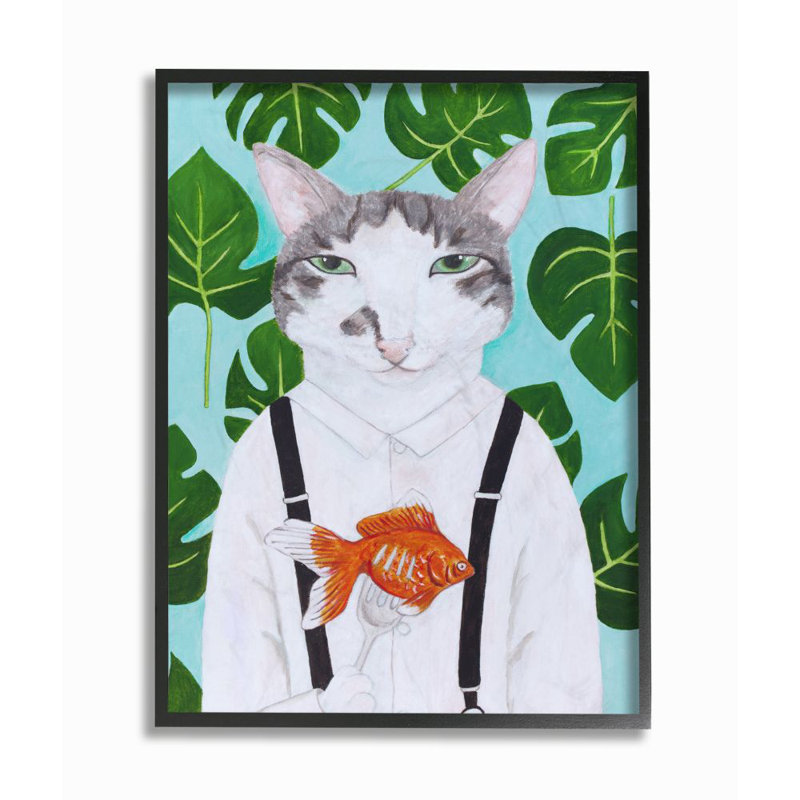 « chat un poisson rouge dîner drôle animal portrait » par catherine b-reproduction d’art, Giclée encadrée noir minuit