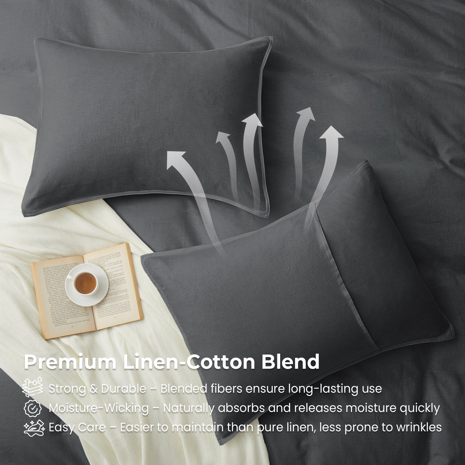 Boseman Linen Duvet Cover Set, Queen Duvet Cover + 2 Standard Pillowcases, Charcoal Gray