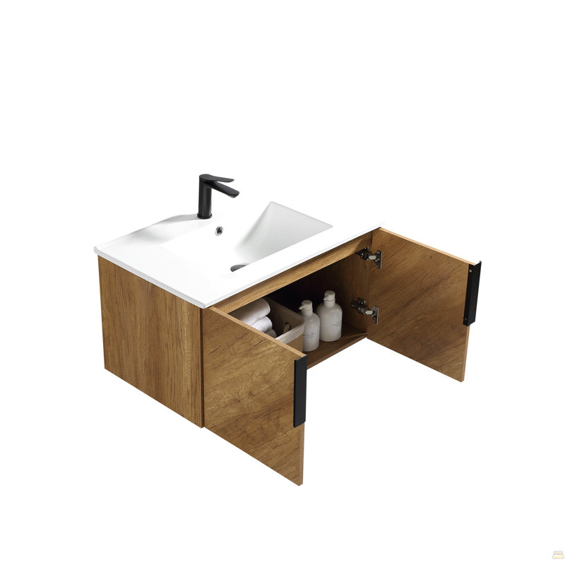 Meuble-lavabo mural 36 po avec panneau cannelé 3D et lavabo intégré en céramique, 35"