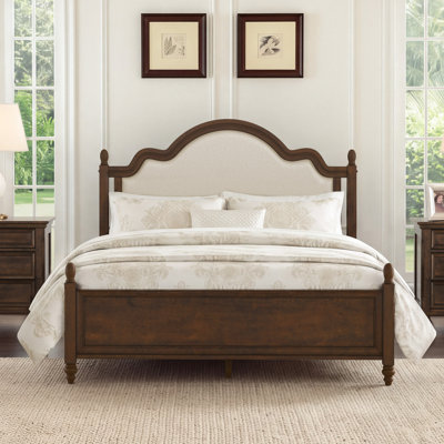 Mid-Century Modern Upholstered Solid Wood Bed With Camel Headboard