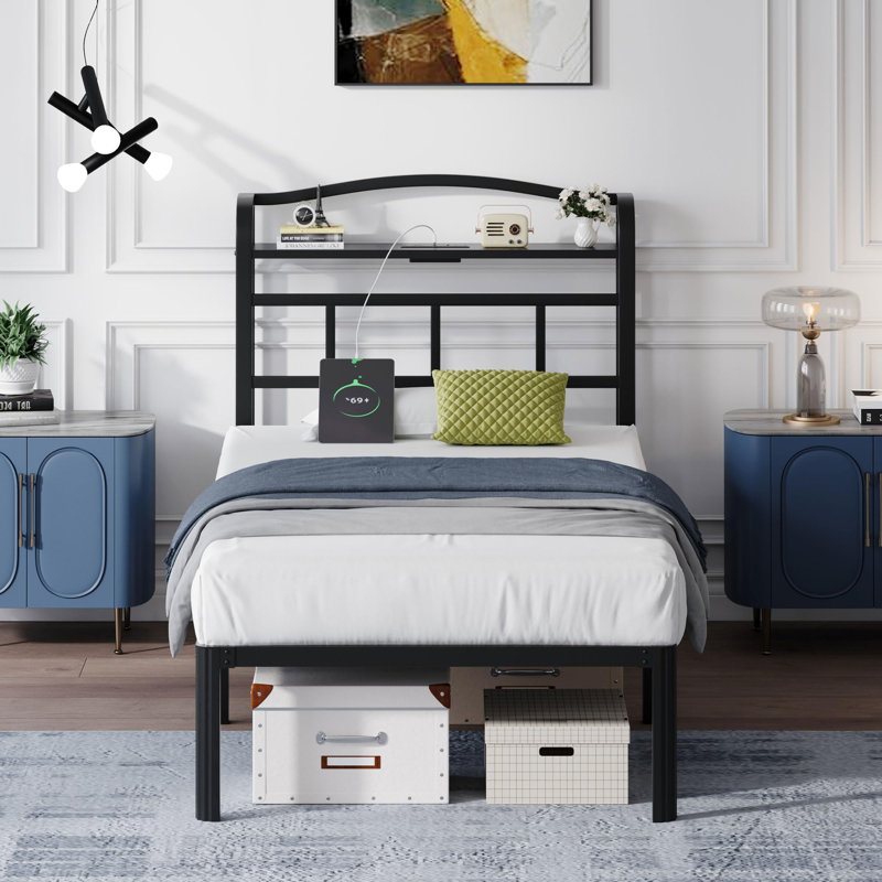 14 Inch Metal Bed Frame With Headboard And Charging Station No Box Spring Needed, Twin