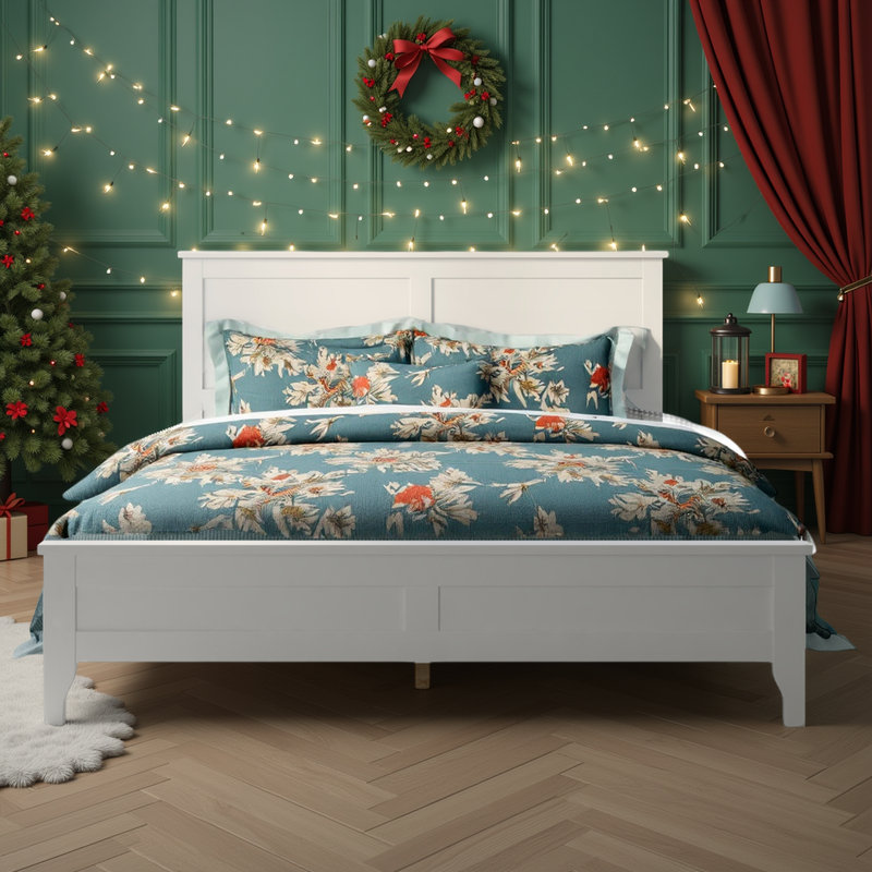 Wooden Platform Bed Frame with Headboard, Solid Pine Construction, White, King