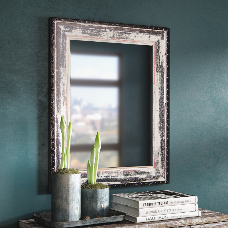 Caseyville Wood Flat Wall Mirror, 35.5" H x 29.5" W, Brown/Cream Distressed