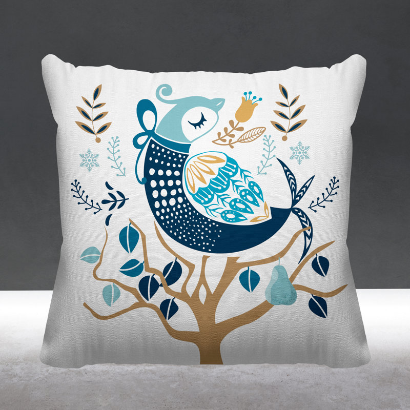 Coussin intérieur / extérieur scandinave Patridge On A Pear Tree, L 19 po x H 19 po, Bleu