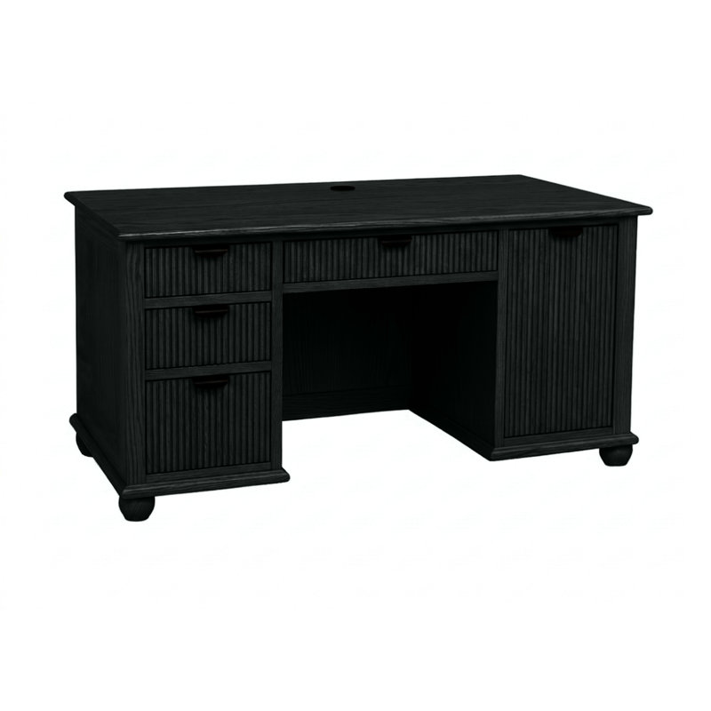 Bureau d'ordinateur moderne en bois massif cannelé avec rangement pour unité centrale, Black