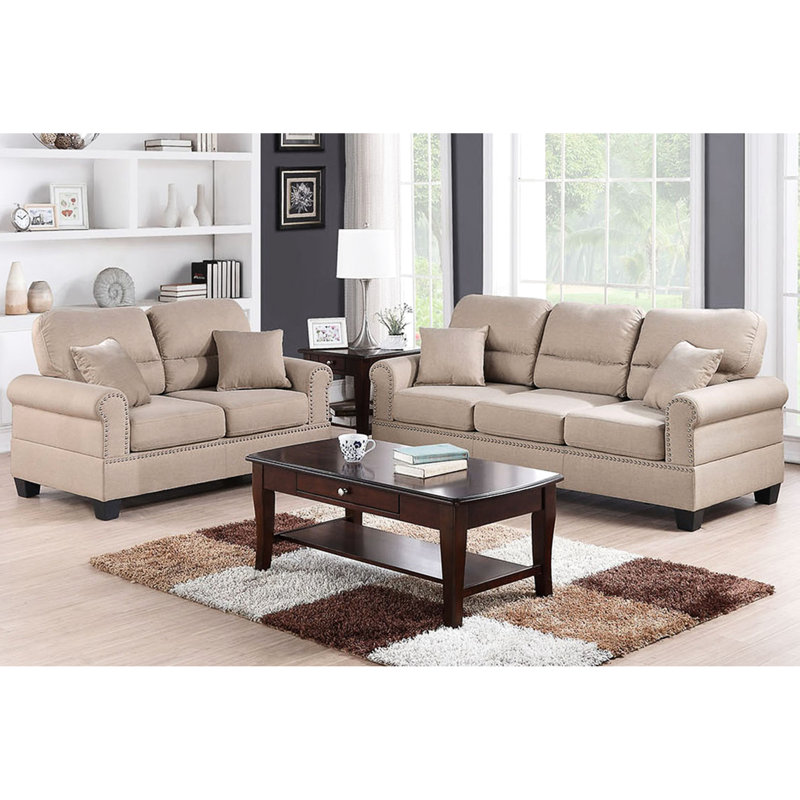 2 pièces en polyfibre de style moderne avec coussins, garniture en similicuir, boutons en nickel, pieds et coussins en plastique massif, revêtement, structure en bois fini