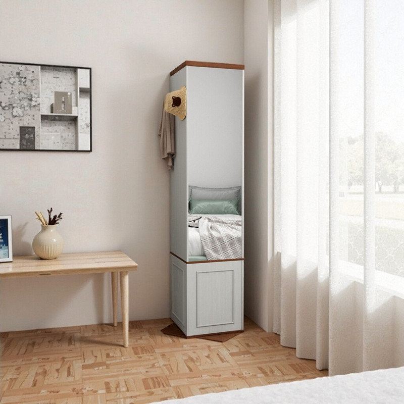 Armoire de rangement rotative à 360 ° avec miroir pleine longueur, 8 tablettes et crochets