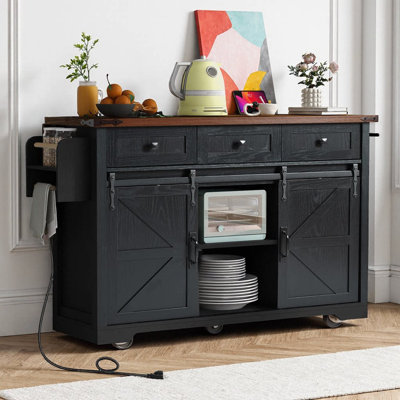 Kitchen Island With 2 AC Outlets, USB Ports, Drop Leaf & 5 Lockable Wheels, Sliding Barn Doors Storage Cart