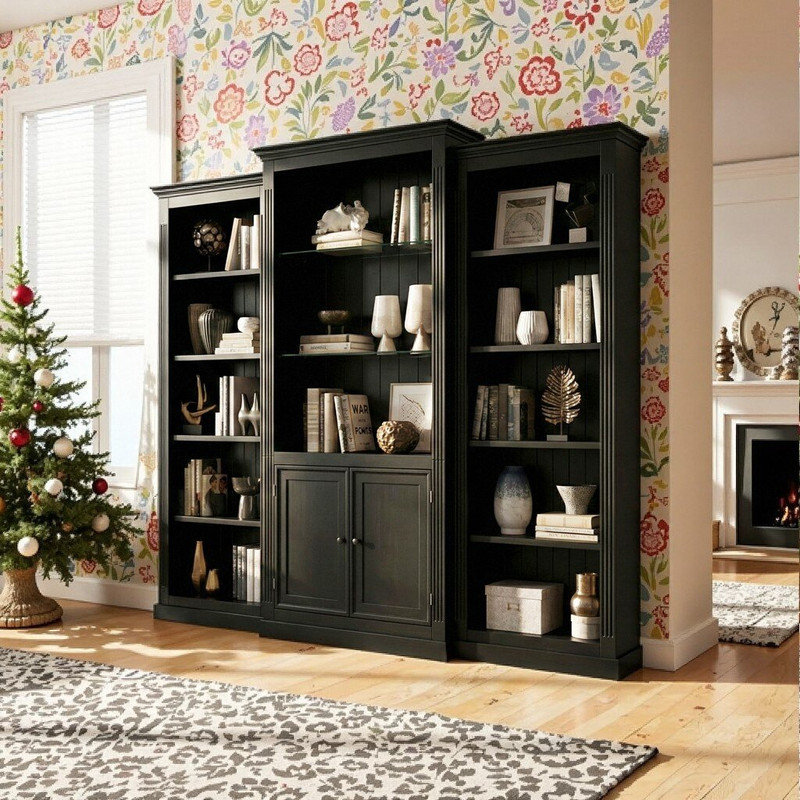 Ensemble de bibliothèque et de présentoir 3 pièces avec plafonnier à DEL réglable et tablettes en verre trempé de 6 mm, Noir