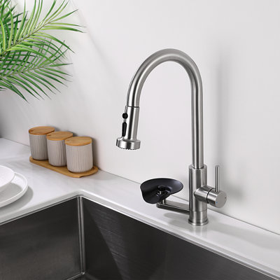 Robinet de cuisine avec rinçage en verre, robinet d'évier rétractable avec 3 modes de jet, robinets de cuisine monocorps en acier inoxydable à arche haute 2 en 1 nickel brossé