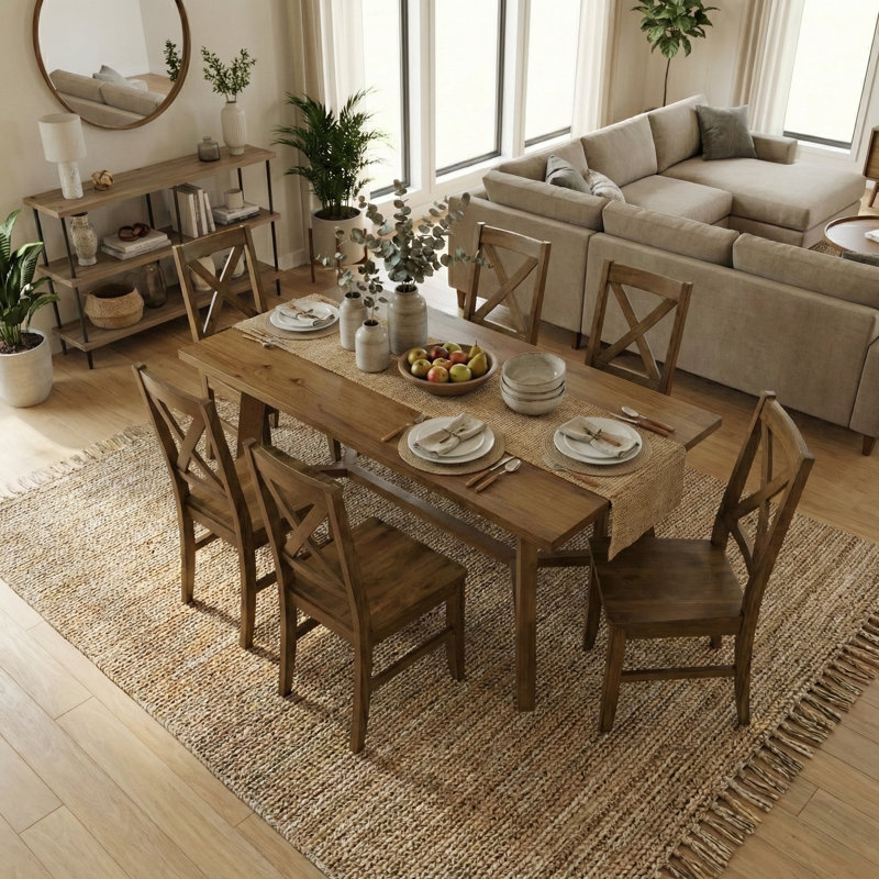 Oaklyn Modern Rectangular Dining Table Set, 7 Pieces: Table, 6 Chairs, Brown