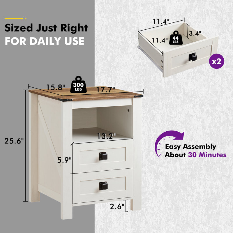 18" Farmhouse Nightstand Set with 2 Drawers & Open Shelf,White/Barnwood, White/Barnwood
