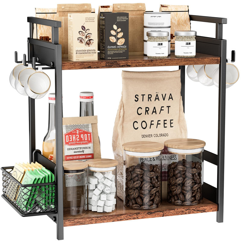 2 Tier Coffee Bar Organizer For Home Office, Spice Rack For Countertop, Kitchen Counter Storage Shelf With Hanging Basket, Coffee And Tea Condiment Station Organizer