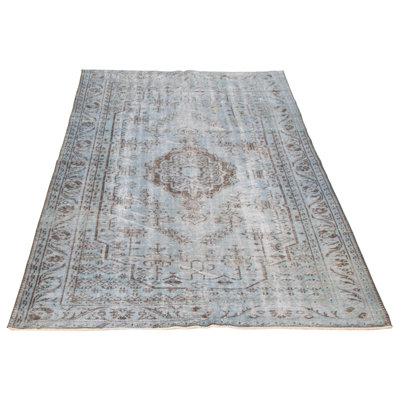 Tapis bleu clair / brun en laine noué à la main de conception unique 5 pi 11 po x 9 pi 4 po New Age Polen