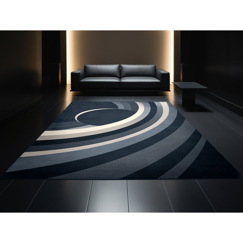 Machine Washable Pantelie Bold & Eclectic Modern Arc Rug in Gray – Navy Binding, 3 x 5