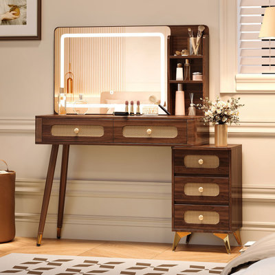 47''Vintage Makeup Vanity With Mirror And Lights, Makeup Vanity Desk With 5 Drawers And Storage Shelf, Rattan Drawer Design, 3 Color Modes And Adjustable Brightness Dressing Table