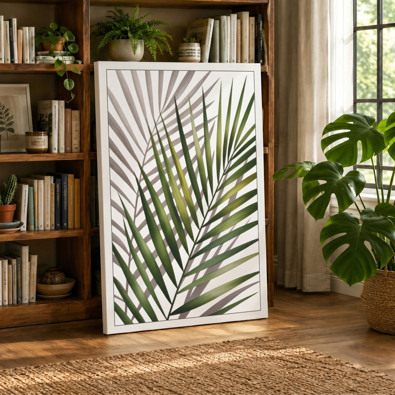 Palm Fronds Geometric Botanical 1 Piece Wrapped Canvas Wall Art, 36x24 - 91.4 x 61.0 cm, White Border