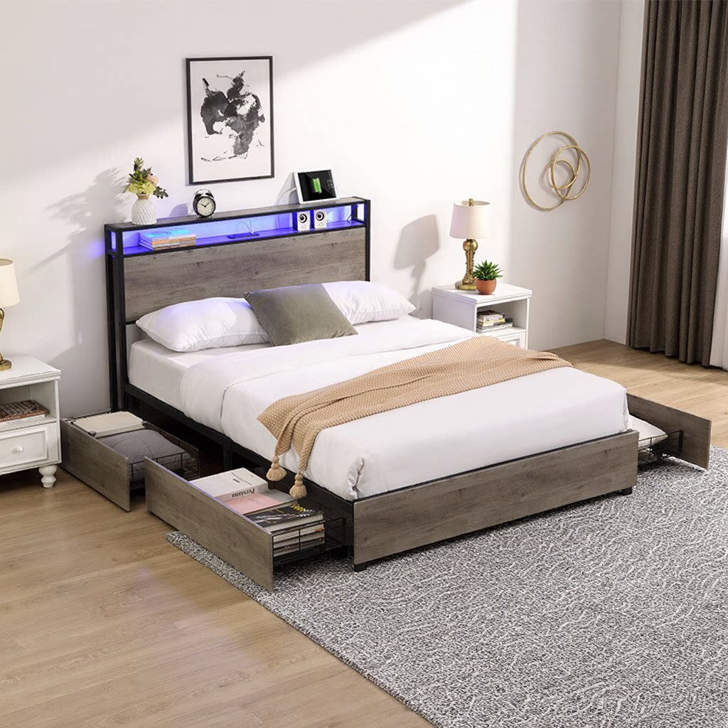Latitude Run® Storage Bed Frame with LED Ambient Lighting, Charging ...