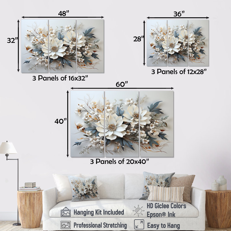 Fleurs saisonnières charme en hiver I - ensemble d'art mural fleurs saisonnières, H 40 po x l 60 po x P 1 po, Toile tendue