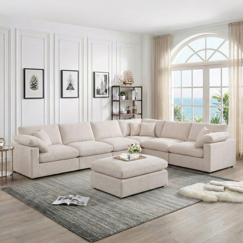 7 seater 145" Extra Deep Sectional Sofa Modern L-Shaped Modular Sectional Chenille Sofa with Ottoman, Beige Chenille