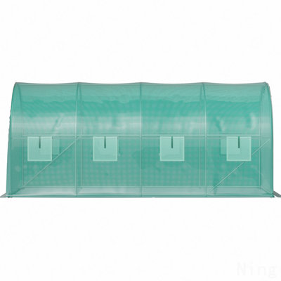 Walk-in Tunnel Greenhouse, 14.8 x 6.6 x 6.6 ft Portable Plant Hot House w/ Galvanized Steel Hoops, 1 Top Beam, Diagonal Poles, Zippered Door & 8 Roll-up Windows, Green