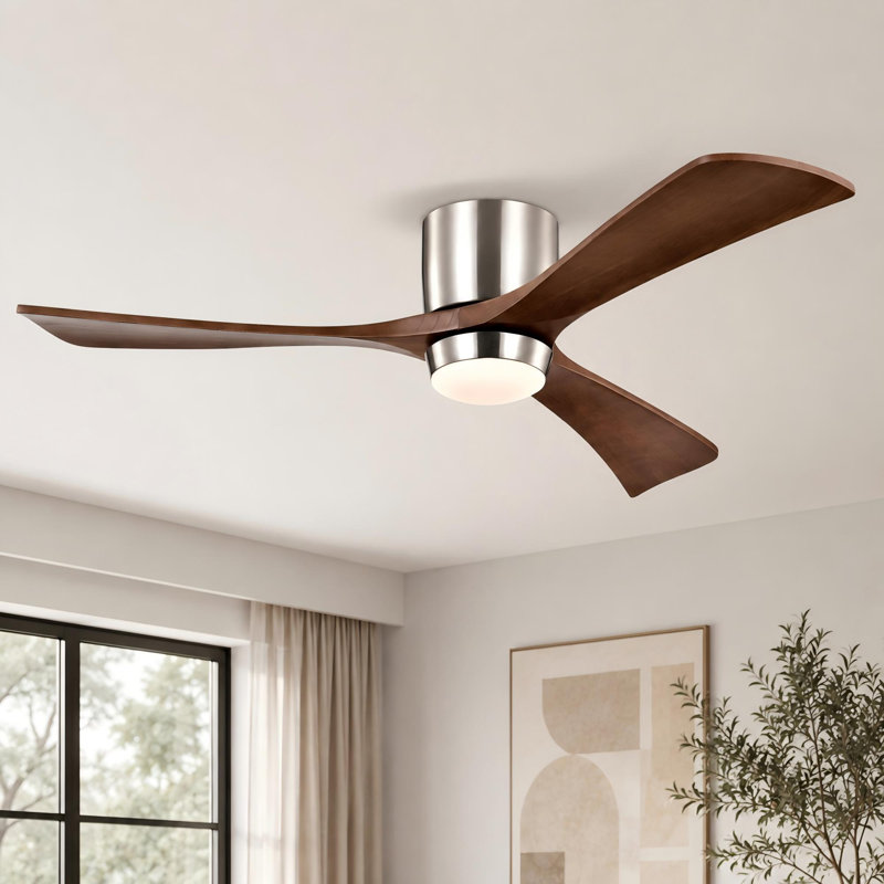 Ventilateur de plafond moderne en nickel 52 "avec lumière, Nickel, Bois brun foncé