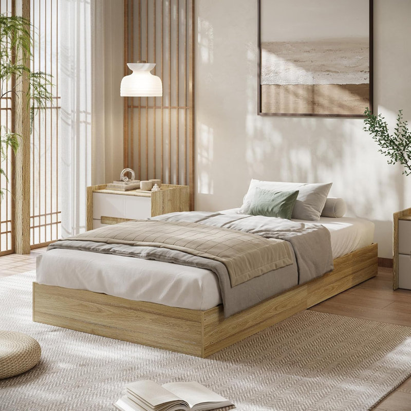 Floor Standing Bed Frame with Wooden Slat, Support, No Box Spring Needed, Noise Free & Easy Assemble, Modern Minimalist Bedroom Furniture for Apartments