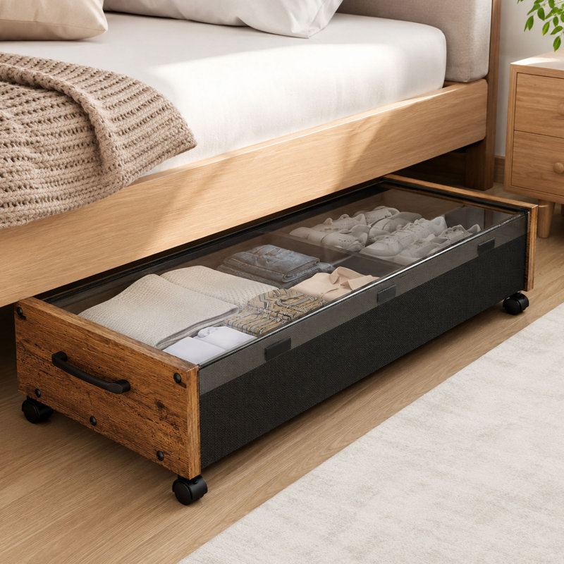 2-Pack Walnut Brown Under-Bed Storage Bins, Wheels and Removable Lids