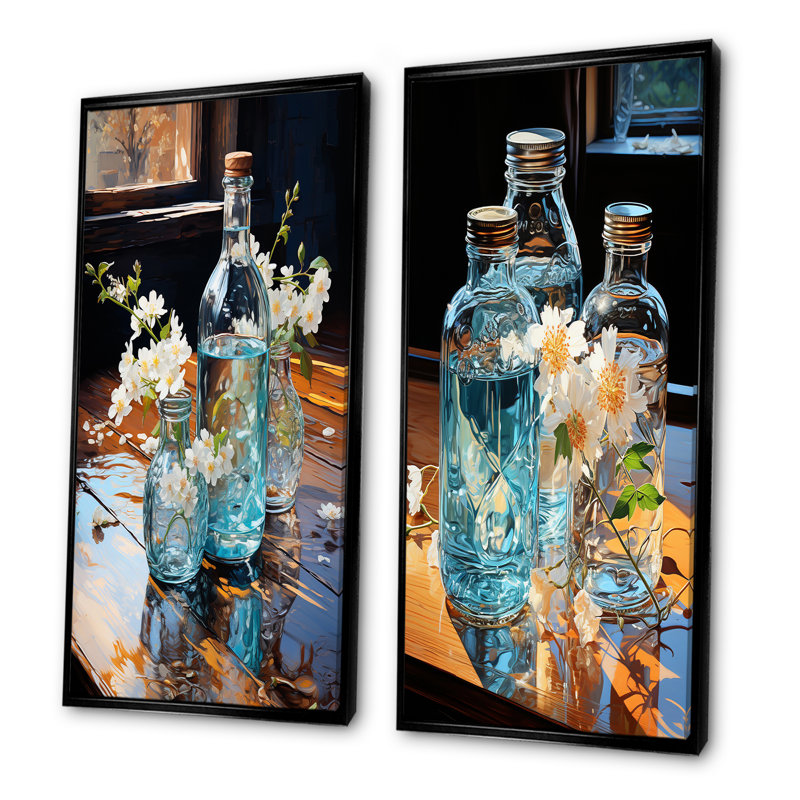 Blue Bottled Reflections - Ensemble de 2 décorations murales, Cadre flottant noir, H 32 po x l 33 po