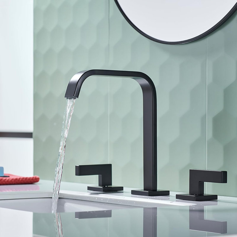 2 Handle 8 Inch Widespread Brass 3 Hole Bathroom Vanity Faucet with Drain, Matte Black