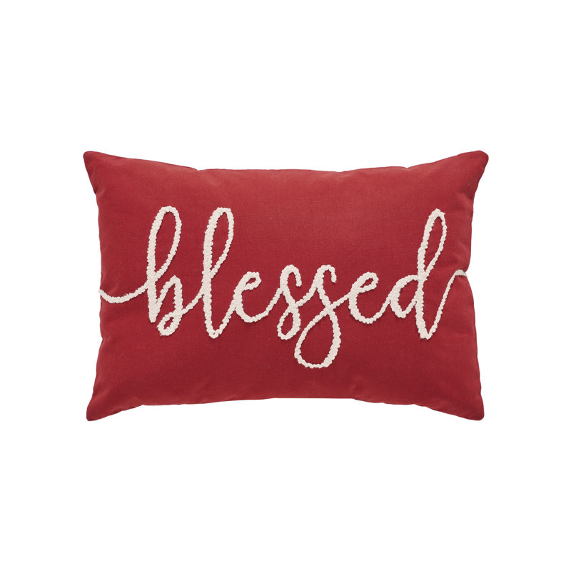 Blessed Red Embroidered Cotton Lumbar Pillow 14" x 20"