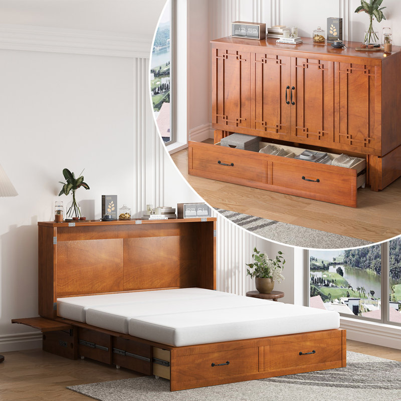 Grand lit escamotable avec rangement et matelas USB, Brun