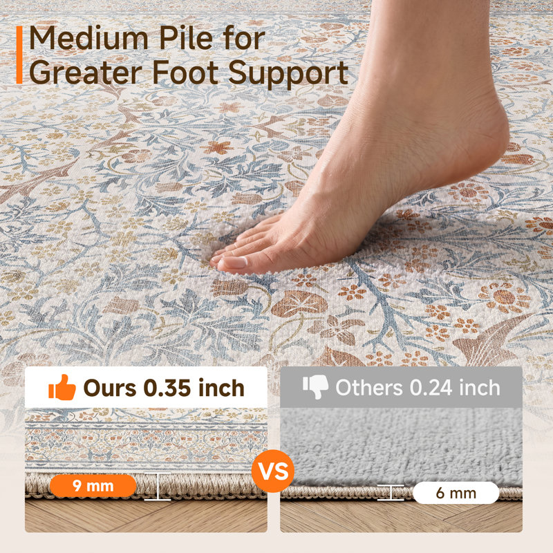 Alora Machine Washable Floral Area Rug With Non-Slip Backing, Rectangle 9' x 12', Beige, 0.35"