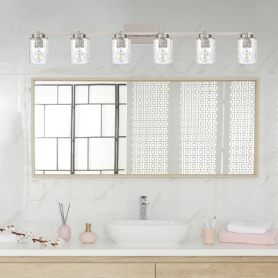 6-Light Track Lighting Fixture With Rotatable Heads, Clear Hammered Glass Shade, And E26 Base For Modern Bathroom Vanity Or Ceiling Mount