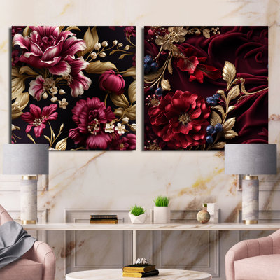 Regal bourgogne fleurs majestueux Elegance III - ensemble de 2 collages carrés abstraits