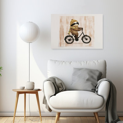 «Happy Sloth Riding Bike Playful Whimsical Contemporary Animal Winter», reproduction d'art mural