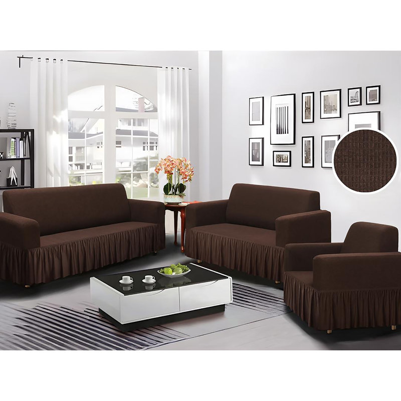 Ensemble de 3 pièces pour causeuse extensible à 4 jupes avec housse de canapé et housse de fauteuil, Polyester chocolat