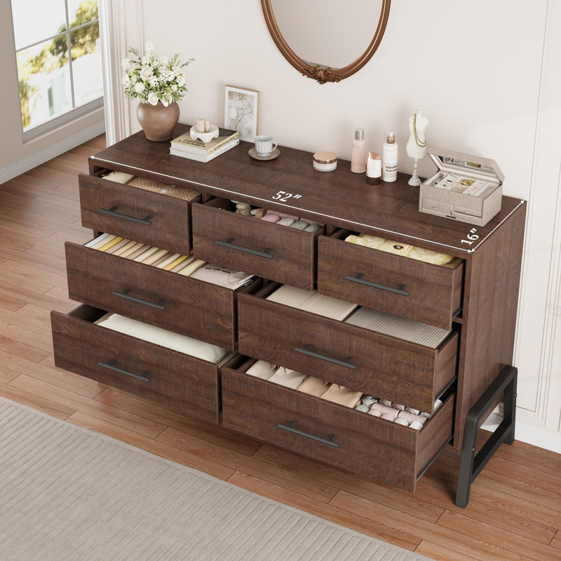 52" Wide Farmhouse Dresser for Bedroom, 7 Drawers, Wood Chest with Metal Feet, Hallway Storage Cabinet, Brown