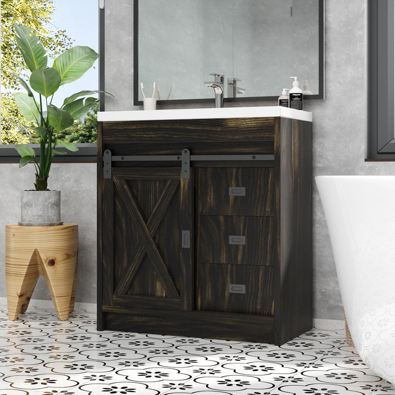 Farmhouse Bathroom Vanity with Sink, Bathroom Vanity Cabinet with 3 Drawers & Sliding Barn Door, Small Bath Storage Vanity Sink Set with Metal Handles