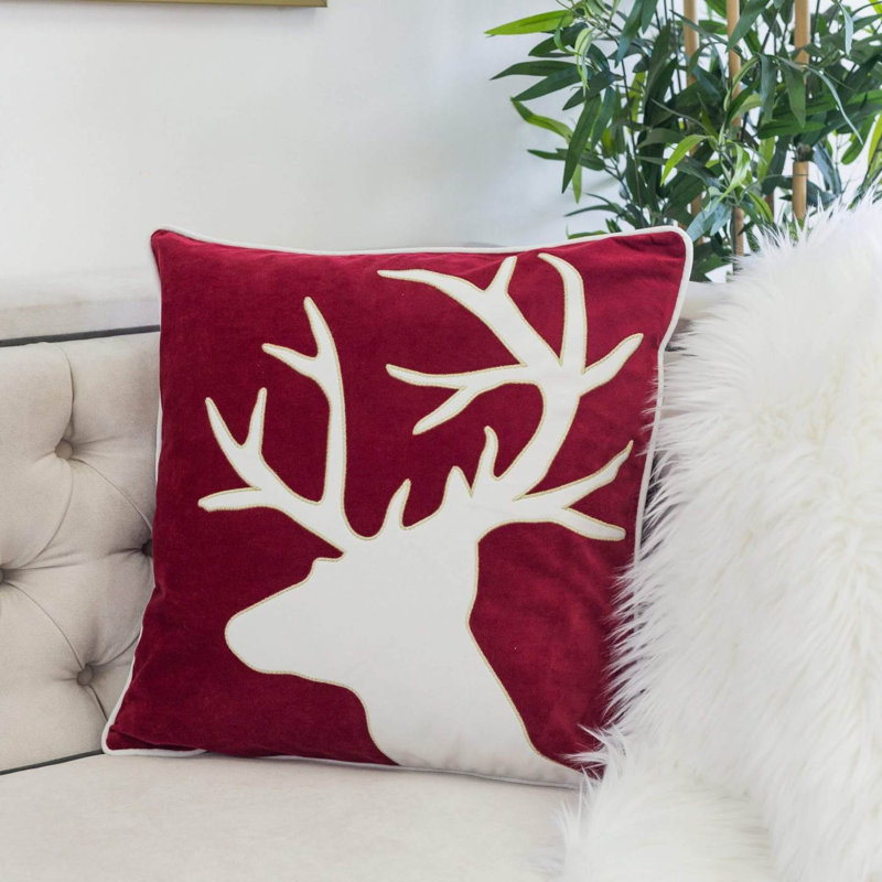 Coussin décoratif en velours Holiday Reindeer, Rouge