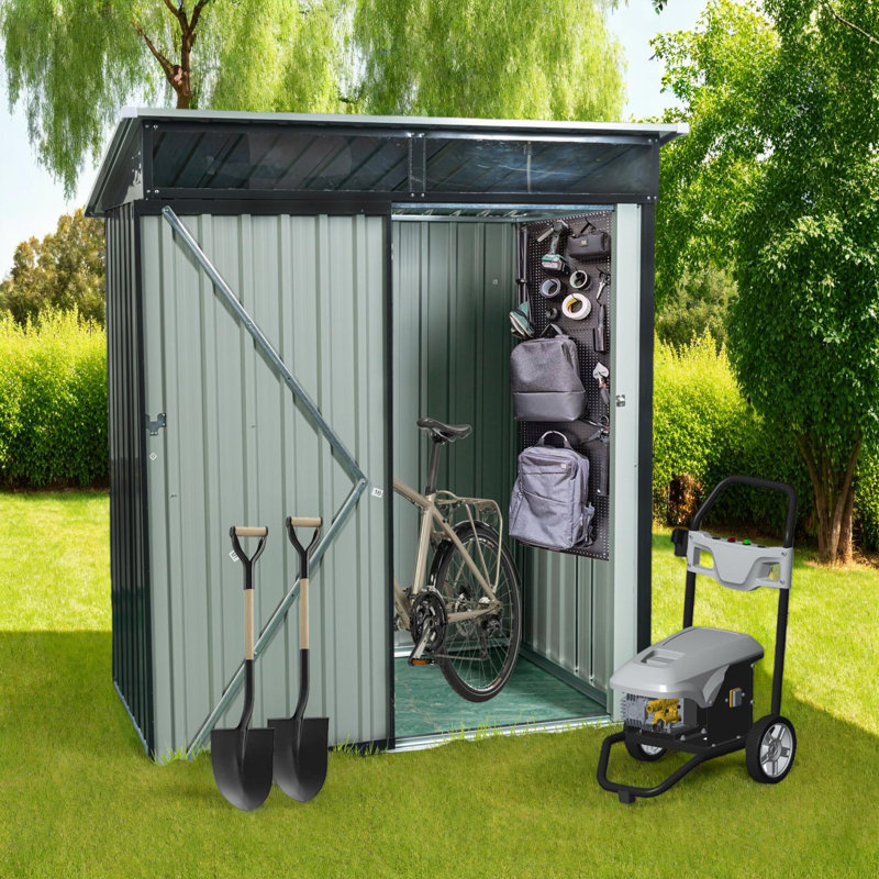 Outdoor Metal Storage Shed With Transparent Roof Panel, Black