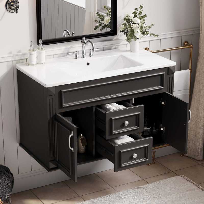Meuble-lavabo mural de style français avec lavabo en céramique et charnières à fermeture douce, Noir