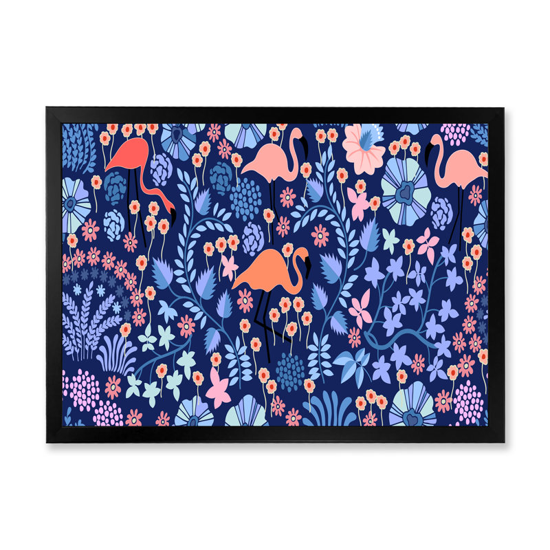 Plantes tropicales avec flamant rose en indigo - Peinture sur toile, H 30 po x l 40 po, Toile avec cadre de coin noir fermé